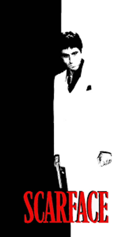 Al Pacino Scarface 桌布 壁紙 — 一張鮮明的黑白海報，上面有一個穿白色西裝的男人拿著槍，下方有紅色的「SCARFACE」文字。