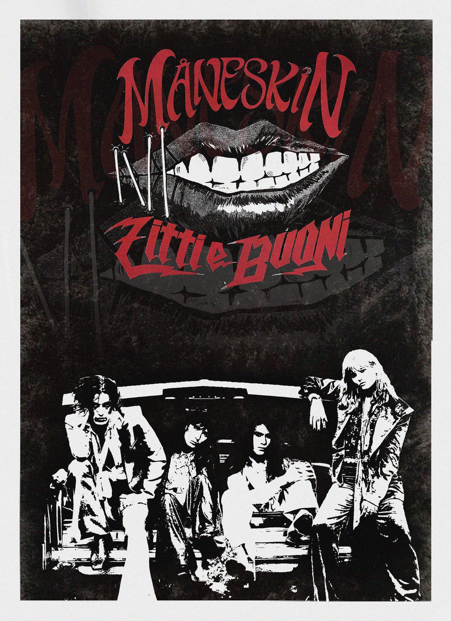Maneskin 桌布 壁紙 — 一張鮮明的黑白海報，四位樂團成員位於一個巨大的嘴巴下方，上面有紅色文字寫著 Måneskin 和 Little Buoni。