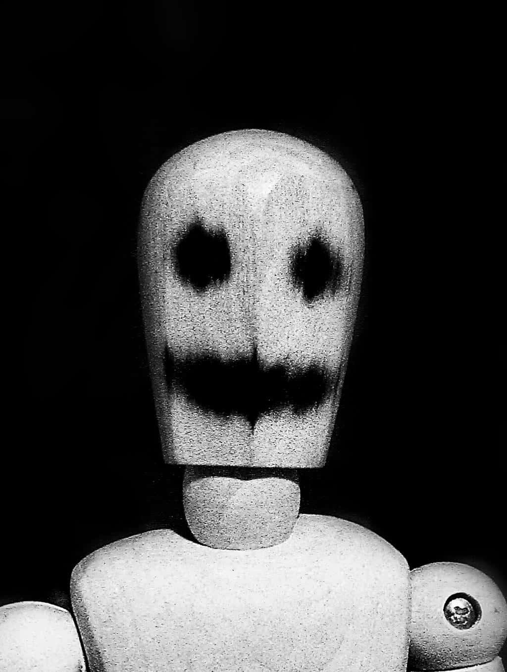 puppet 桌布 壁紙 — 一張鮮明的黑白照片，展示了一個木製人體模型，上面畫著一個做鬼臉的表情，背景為深色。