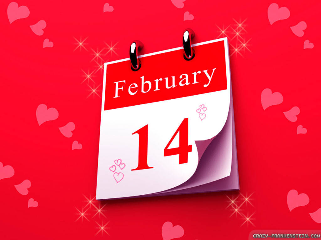 情人節 桌布 壁紙 — 一張鮮紅色的日曆頁面，顯示2月14日，周圍環繞著漂浮的心形和閃爍的星星。