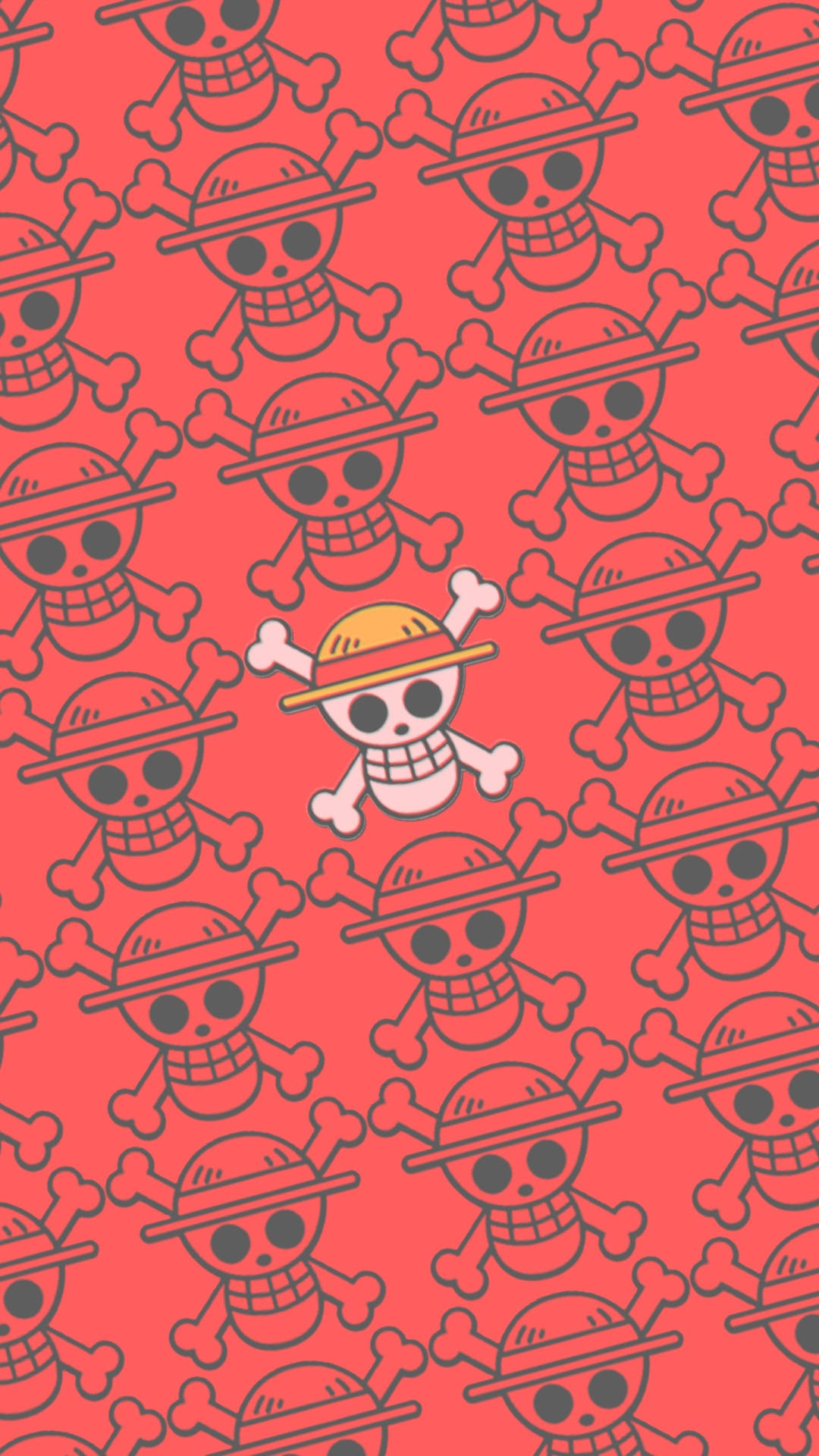 One Piece Phone 桌布 壁紙 — 一張鮮紅色的桌布，帶有重複的黑色線條藝術骷髏頭圖案，骷髏頭戴著帽子並有交叉骨頭，中央是一個戴著黃色帽子的白色骷髏頭。