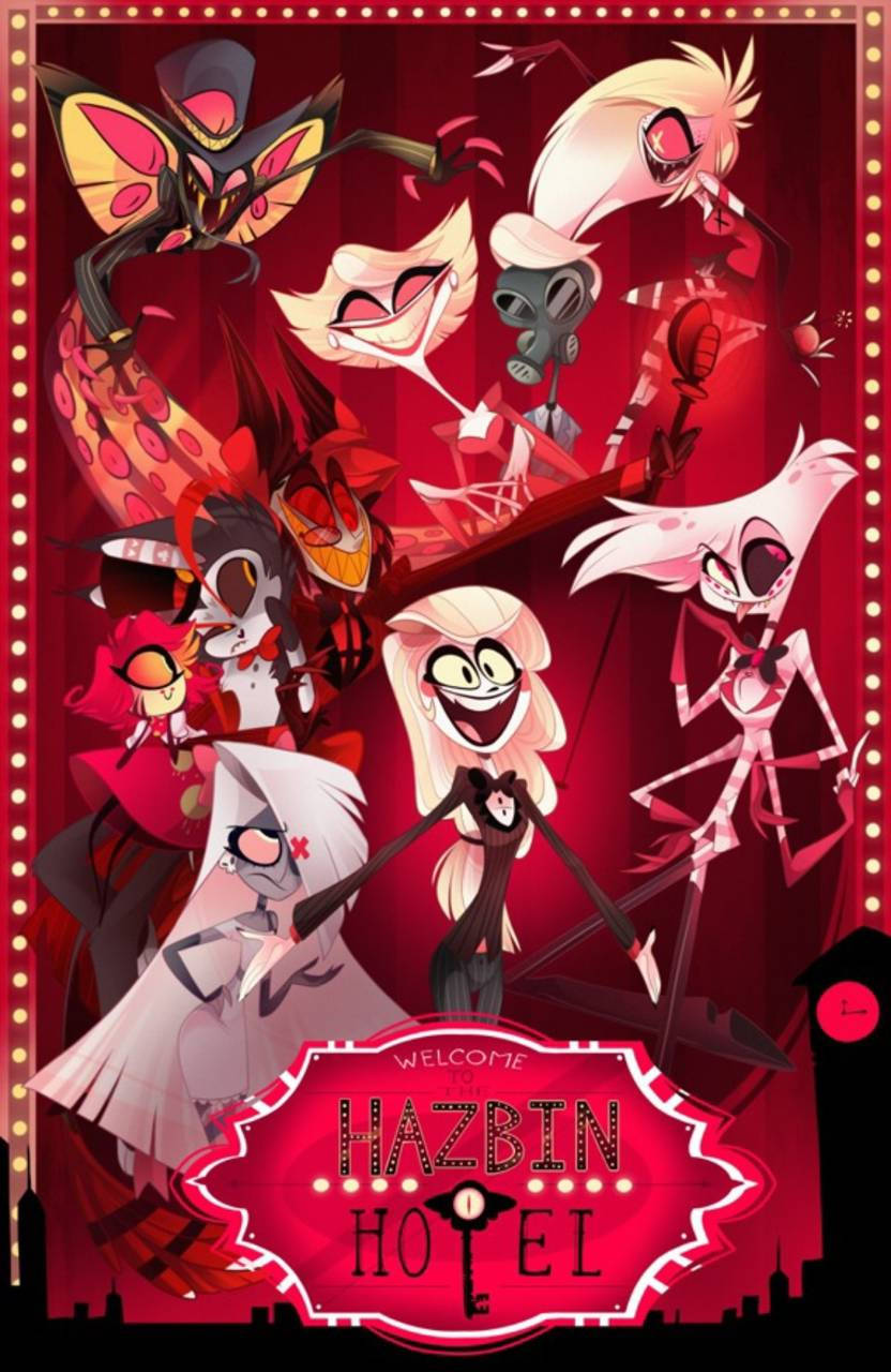 Hazbin Hotel 桌布 壁紙 — 一張鮮紅色的海報，上面有來自 Hazbin Hotel 的動畫惡魔角色在發光標誌周圍愉快地擺姿勢。