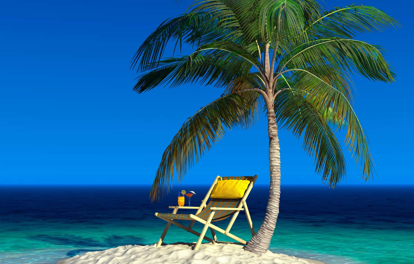 Beach Sunbed 桌布 壁紙 — 一張黃色沙灘椅放在白色沙灘上的一棵孤獨棕櫚樹下，配以碧綠海水和深藍天空。
