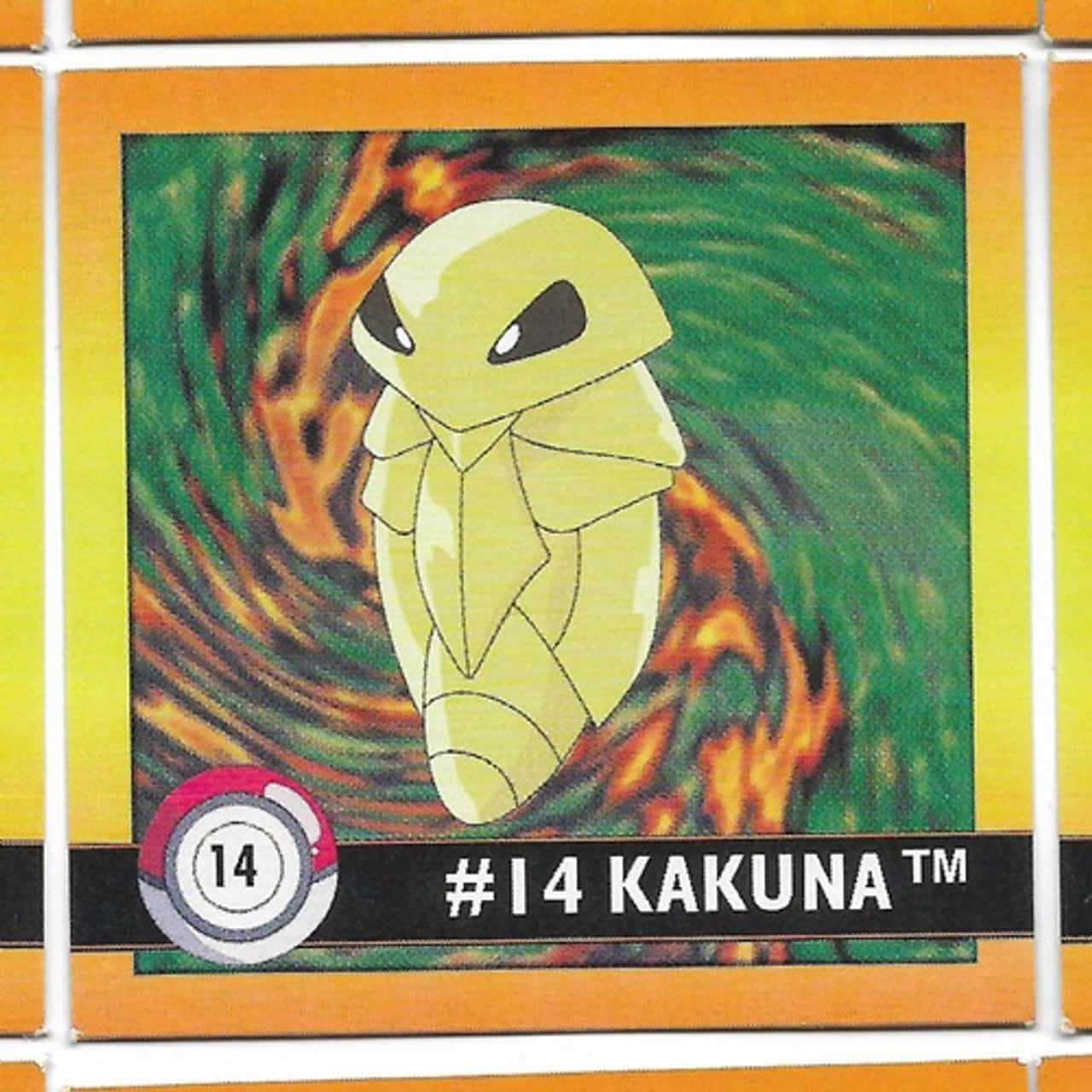 寶可夢 桌布 壁紙 — 一張黃色的 Kakuna 寶可夢卡牌，帶有旋轉的綠色和橙色背景和號碼 14。