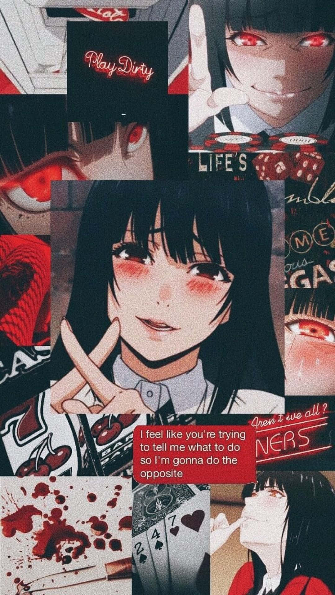 Kakegurui 桌布 壁紙 — 一張黑暗動漫拼貼畫，中央是一位紅眼女孩和櫻桃圖案，周圍環繞著賭博符號和文字疊加。