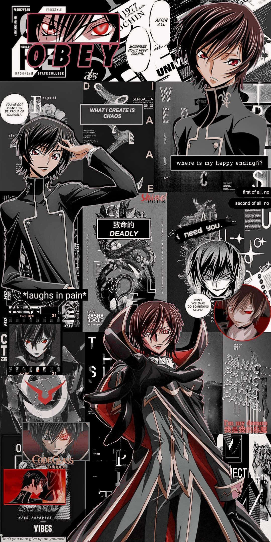 Anime Collage 桌布 壁紙 — 一張黑暗動漫拼貼畫，以一個陰鬱的男性角色為特色，紅眼睛、黑色服裝，周圍環繞著文字引用和碎片化的圖像。