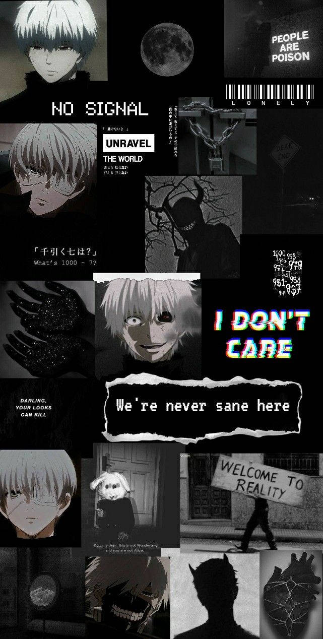 Ken Kaneki 桌布 壁紙 — 一張黑暗動漫拼貼畫，包含白髮角色、詭異文字和單色圖像，傳達孤立和存在恐懼。