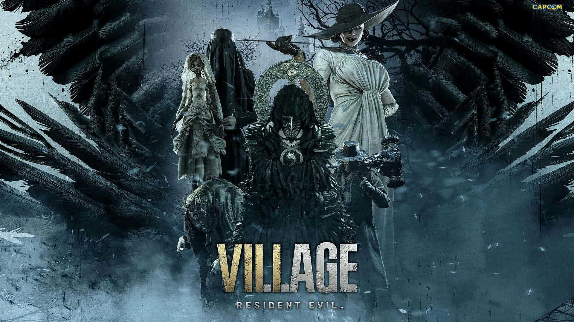 Resident Evil Village 桌布 壁紙 — 一張黑暗恐怖遊戲海報，描繪了在暴風雨背景下長著巨大黑色翅膀的怪誕人物。