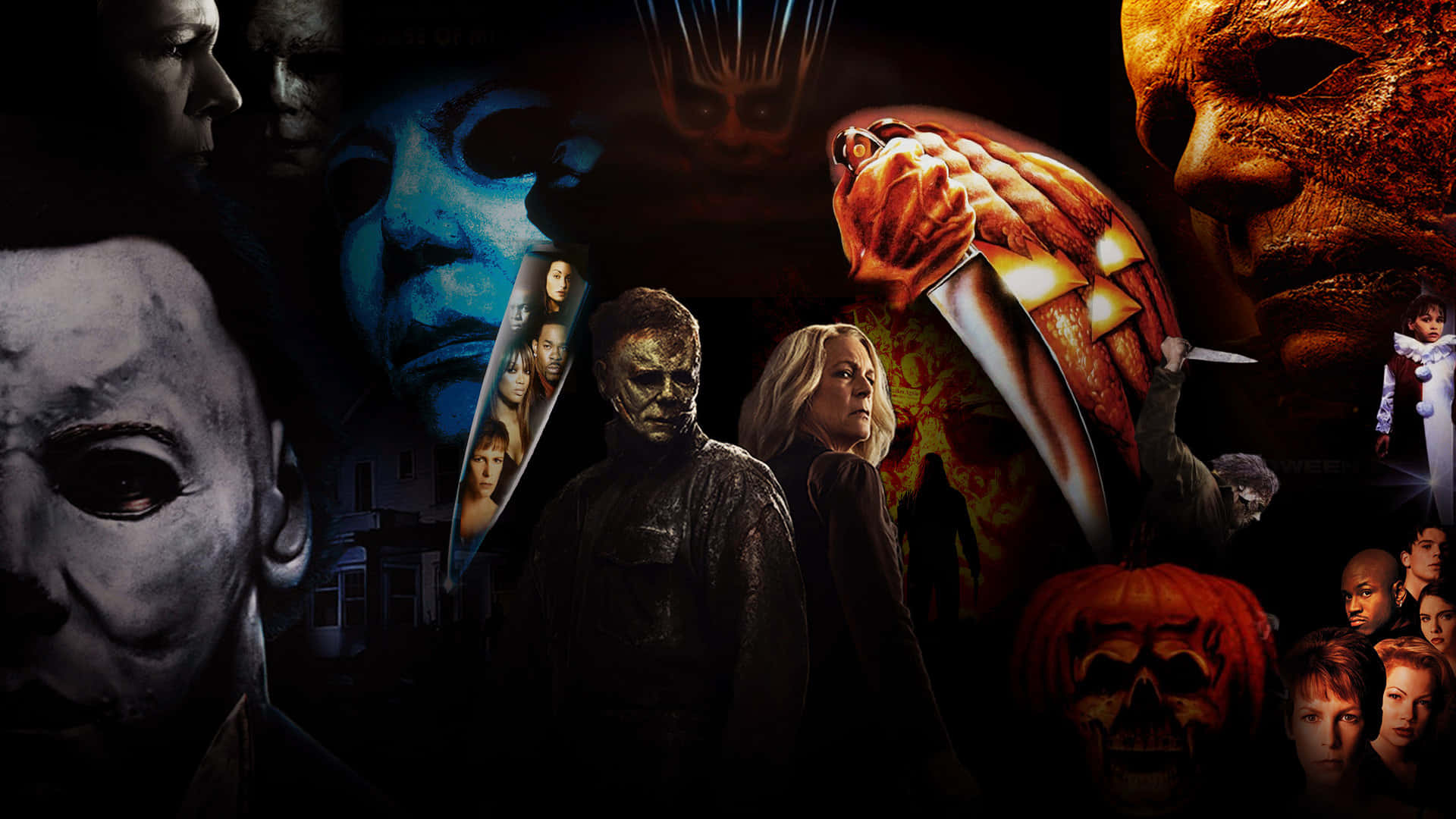 萬聖節動圖 桌布 壁紙 — 一張黑暗的恐怖電影圖標拼貼畫，包括 Michael Myers 和 Jason Voorhees，帶有發光的刀和戴面具的臉。