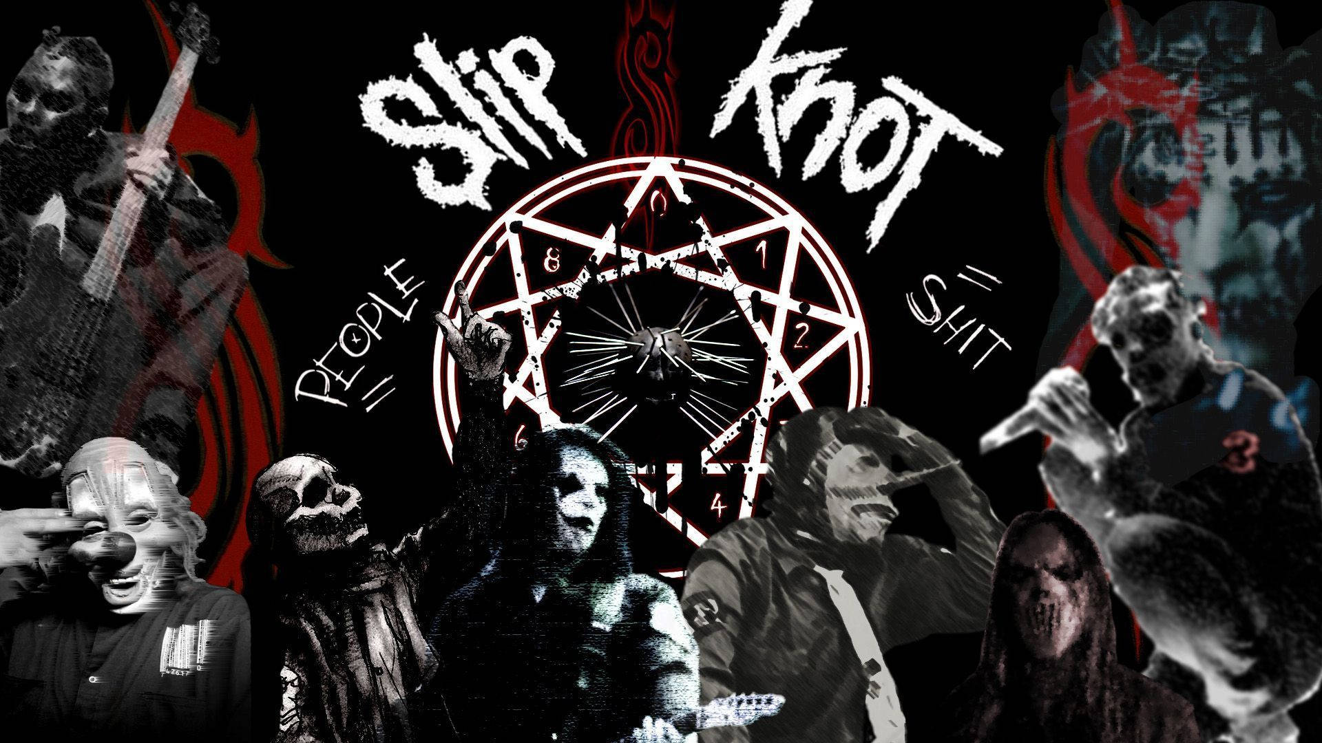 Slipknot 桌布 壁紙 — 一張黑暗的拼貼畫，Slip Knot 樂隊成員戴著面具和樂器，圍繞著中央的五角星標誌。