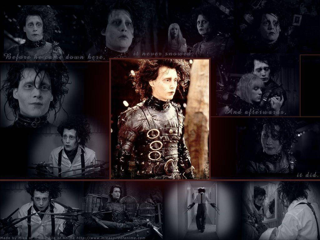 Edward Scissorhands 桌布 壁紙 — 一張黑暗的拼貼畫，描繪了愛德華剪刀手在哥德式場景中，帶有戲劇性的燈光和令人難忘的引言。