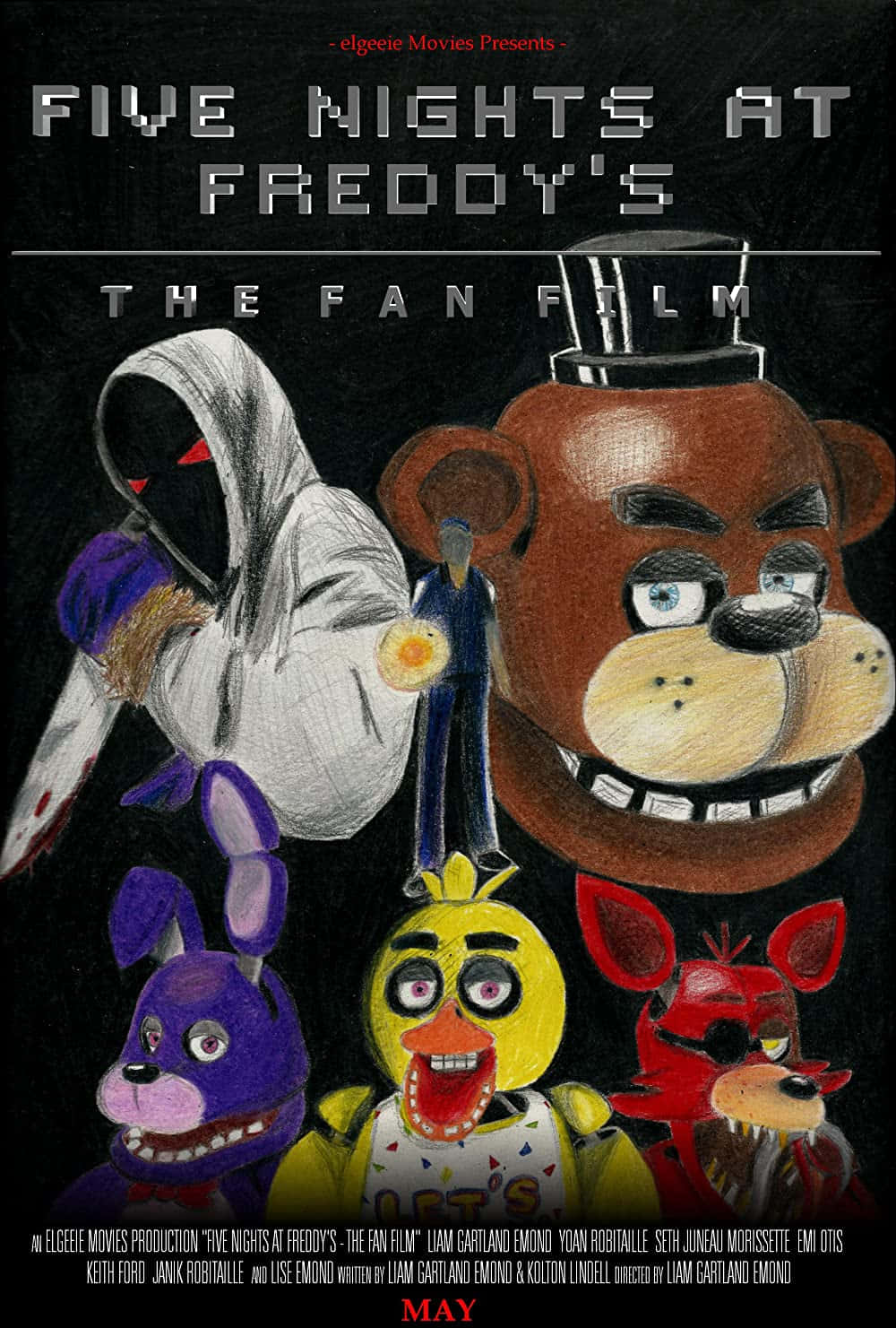 佛萊迪餐館之五夜驚魂 桌布 壁紙 — 一張黑暗的插圖海報，描繪了 Freddy Fazbear 和其他來自《Five Nights at Freddy's》的電子動畫角色，還有一個拿著刀的威脅性人物。