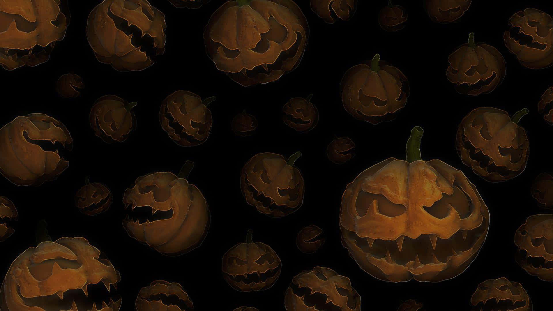 Spooky Halloween 桌布 壁紙 — 一張黑暗的萬聖節桌布，特色是發光的南瓜燈，上面有雕刻的威脅面孔，漂浮在黑色背景上。