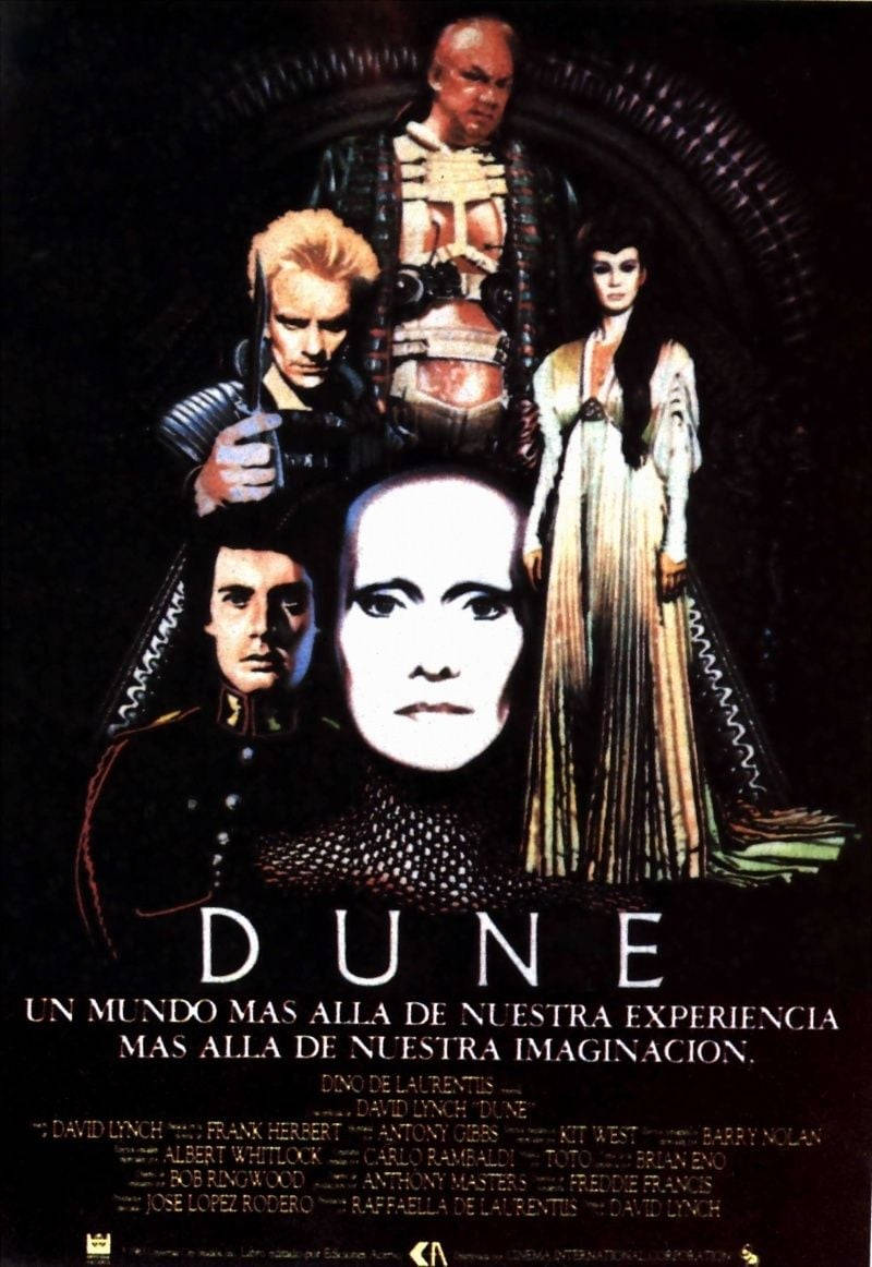 Dune Movie 桌布 壁紙 — 一張黑暗的電影海報，為《沙丘》設計，五個角色以戲劇性的姿勢出現在黑色背景上，帶有華麗的圓形框架。