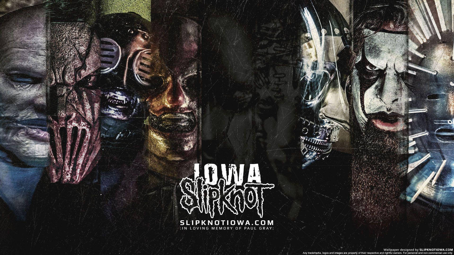 Slipknot 桌布 壁紙 — 一張黑暗粗糙的拼貼畫，展示Slipknot樂團成員全副妝容和面具，表情強烈。