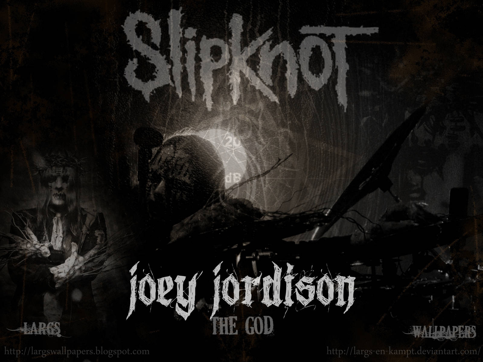 Joey Jordison 桌布 壁紙 — 一張黑暗粗糙的桌布，展示 Slipknot 的 Joey Jordison 帶有骷髏頭和混亂的舞台元素，採用單色調。