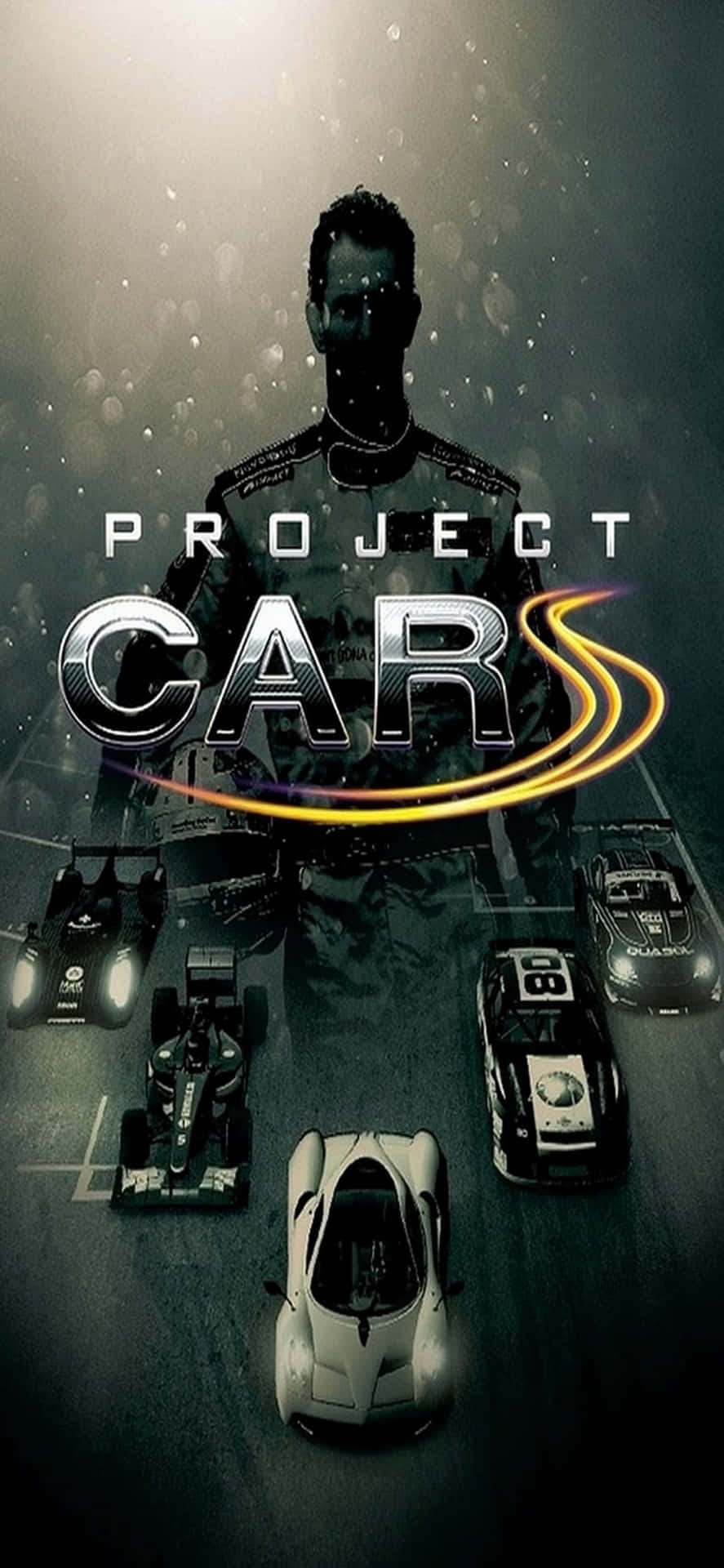 一張賽車遊戲海報，車手剪影和五輛賽車在發光燈光下。 — Project Cars 壁紙
