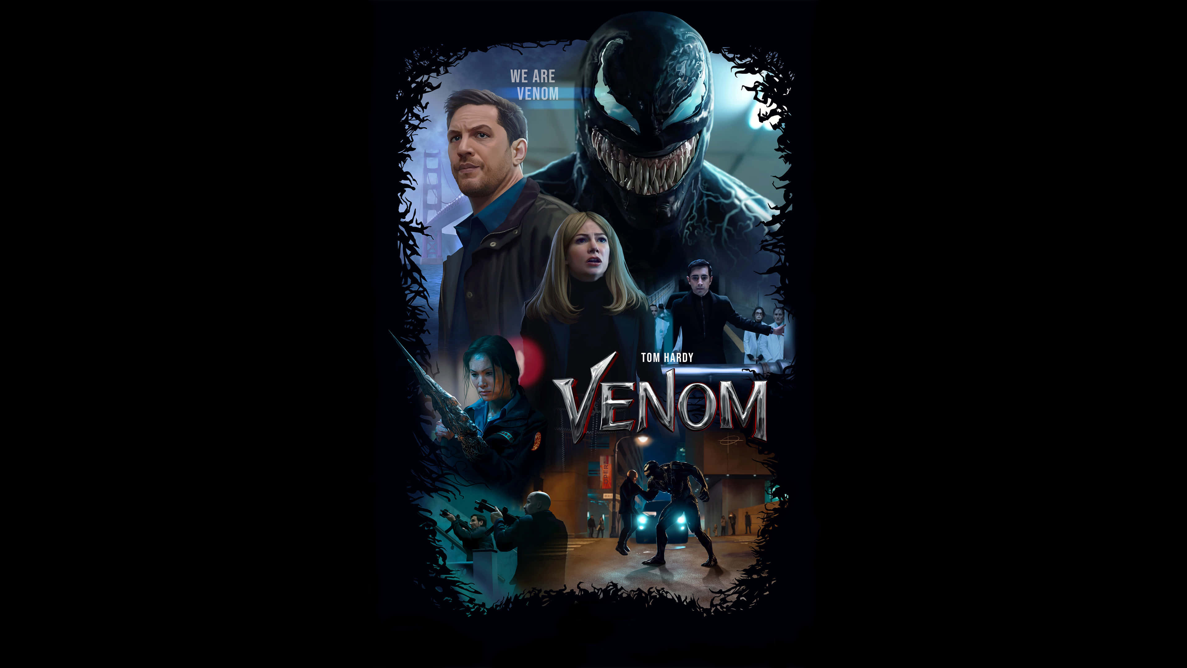 Tom Hardy Venom 桌布 壁紙 — 一張黑暗風格的《猛毒》電影海報，以城市為背景，艾迪·布洛克與共生體眼睛發光。