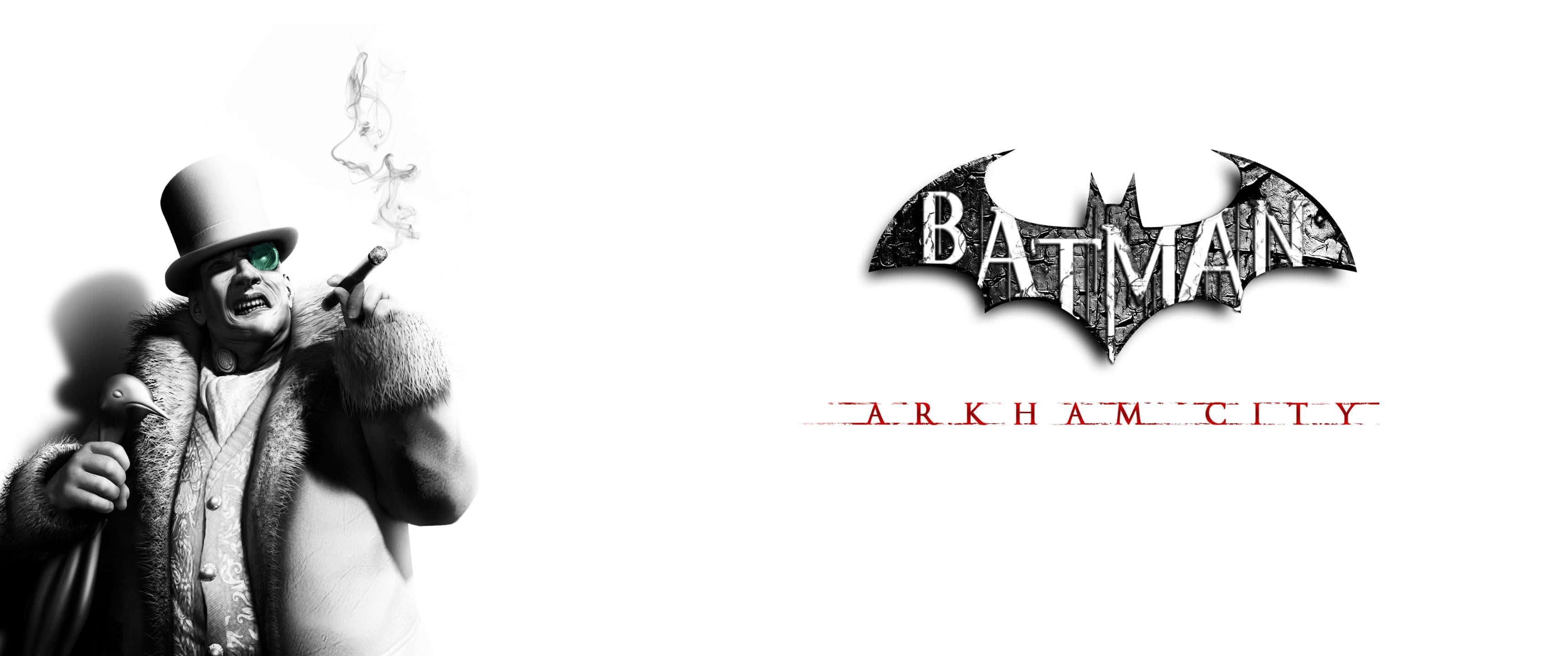 3440x1440p Batman Arkham City 桌布 壁紙 — 一張黑白、帶有威脅性的小丑肖像，他正在雪茄旁邊，旁邊是蝙蝠俠：阿卡漢城市的標誌。