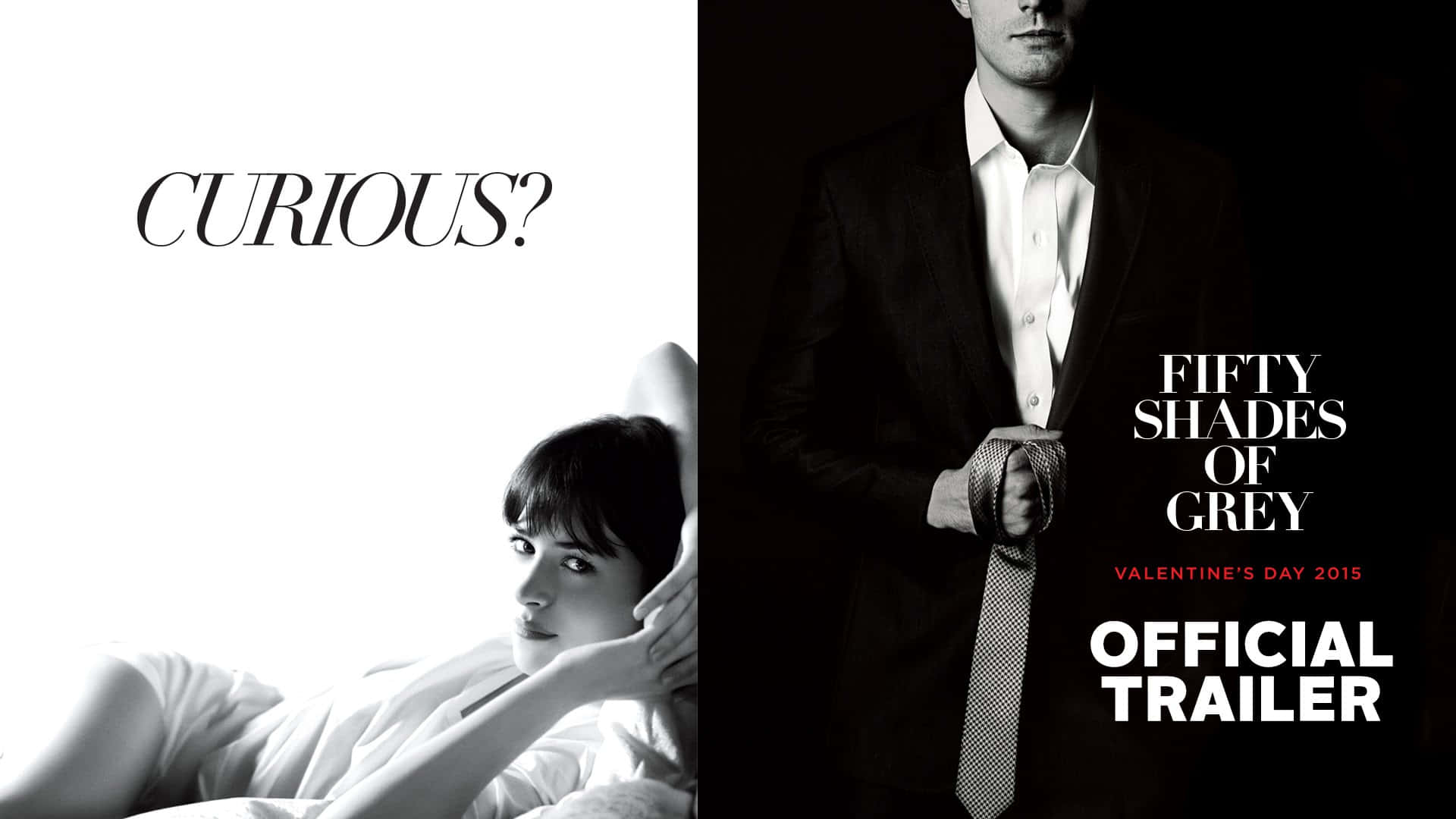jamie dornan 桌布 壁紙 — 一張黑白分割圖片，一位女士斜倚著，一位穿西裝的男士拿著領帶，並附有電影標題文字。