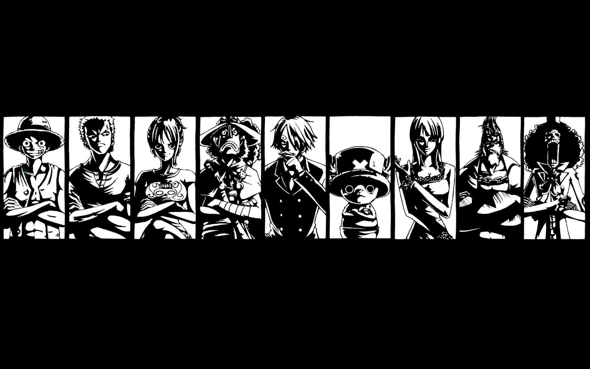 One Piece Black And White 桌布 壁紙 — 一張黑白動漫壁紙，在深色背景上以獨立面板展示八個標誌性的One Piece角色。