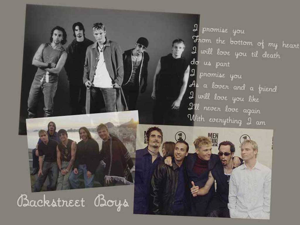 Backstreet 桌布 壁紙 — 一張黑白和彩色照片拼貼的 Backstreet Boys，上面覆蓋著浪漫的歌詞，背景為灰色。