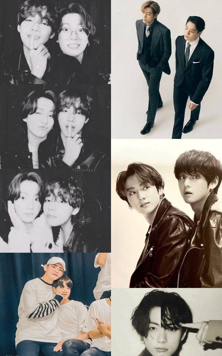 K-pop團體在工作室照片中的拼貼畫，穿著西裝和休閒服裝。 — 泰亨 GIF 壁紙