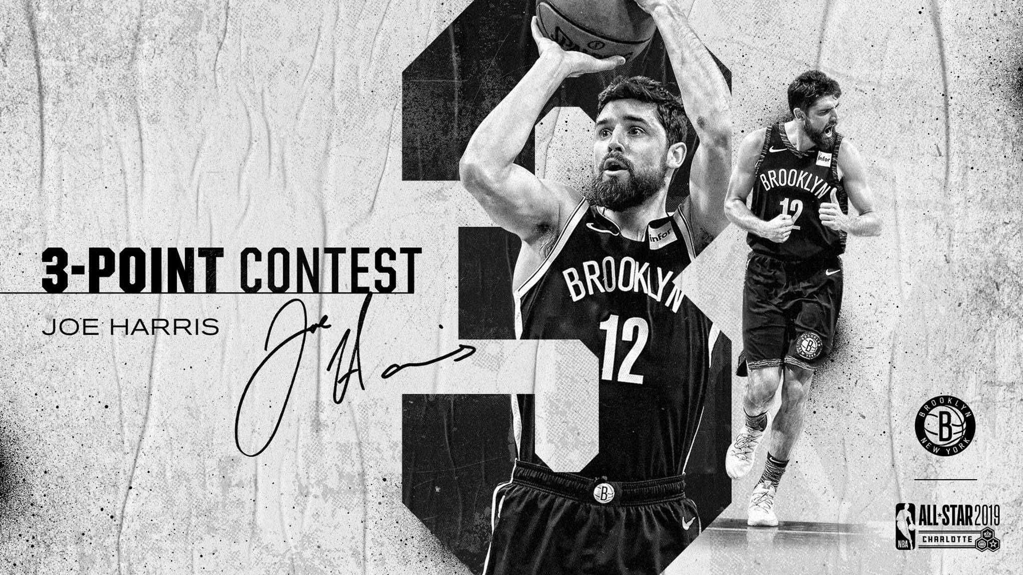 joe harris 桌布 壁紙 — 一張黑白圖像，描繪籃球運動員喬·哈里斯在全明星賽宣傳中投三分球。
