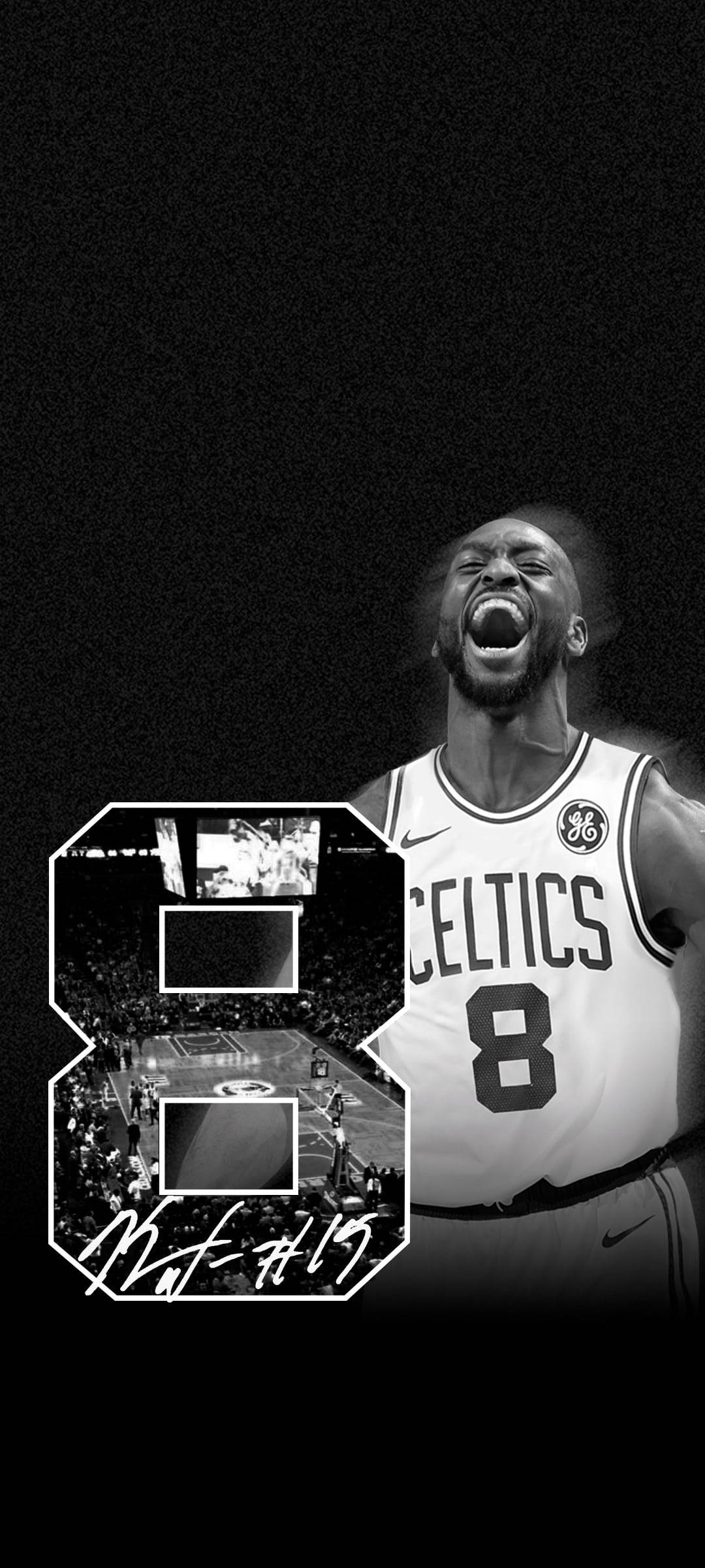 Kemba Walker 桌布 壁紙 — 一張黑白壁紙，籃球運動員Jayson Tatum身穿塞爾提克隊8號球衣，勝利地咆哮，並帶有風格化的數字8圖形疊加。
