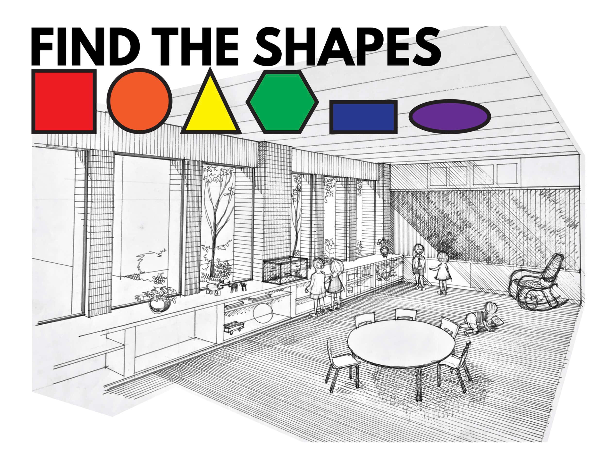 Shapes 桌布 壁紙 — 一張黑白建築草圖，描繪兒童遊戲室，孩子們圍坐在桌子旁，頂部有彩色形狀圖標。