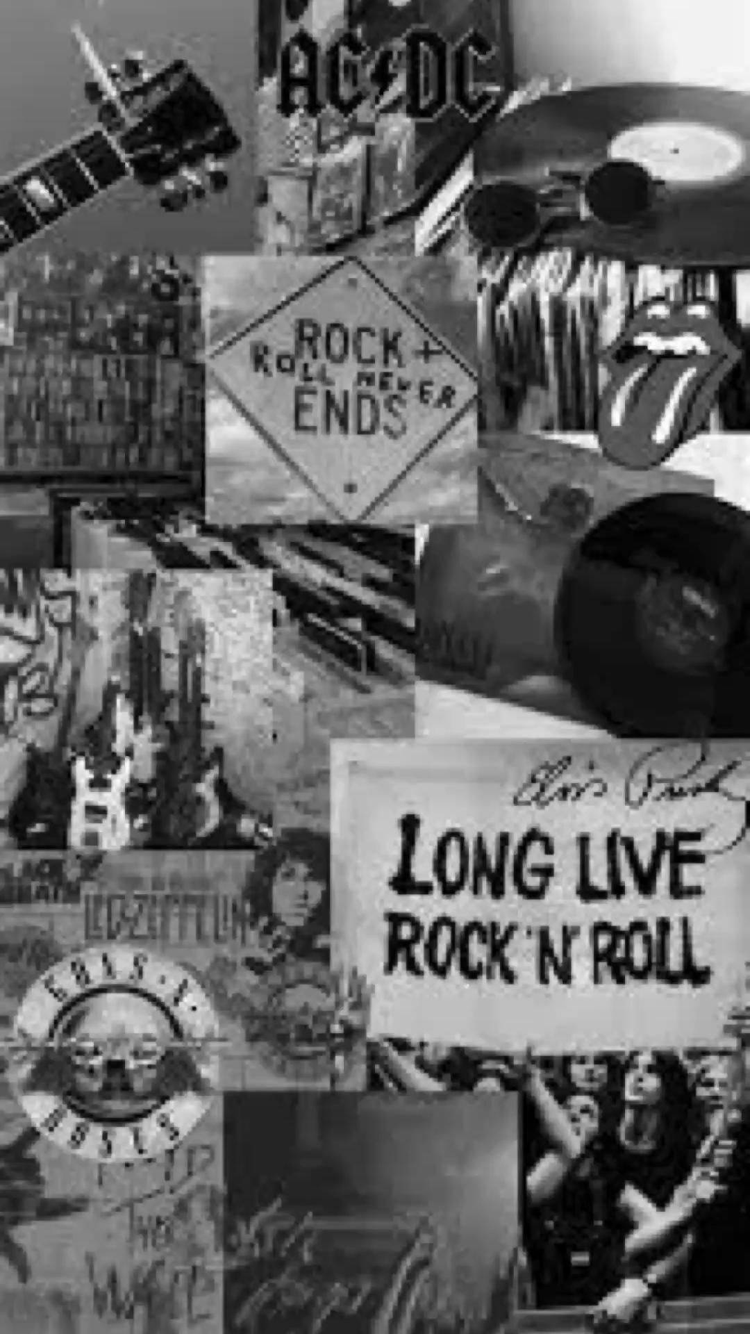 80s Rock 桌布 壁紙 — 一張黑白拼貼，包含搖滾音樂偶像，包括吉他、樂隊標誌和音樂會海報。