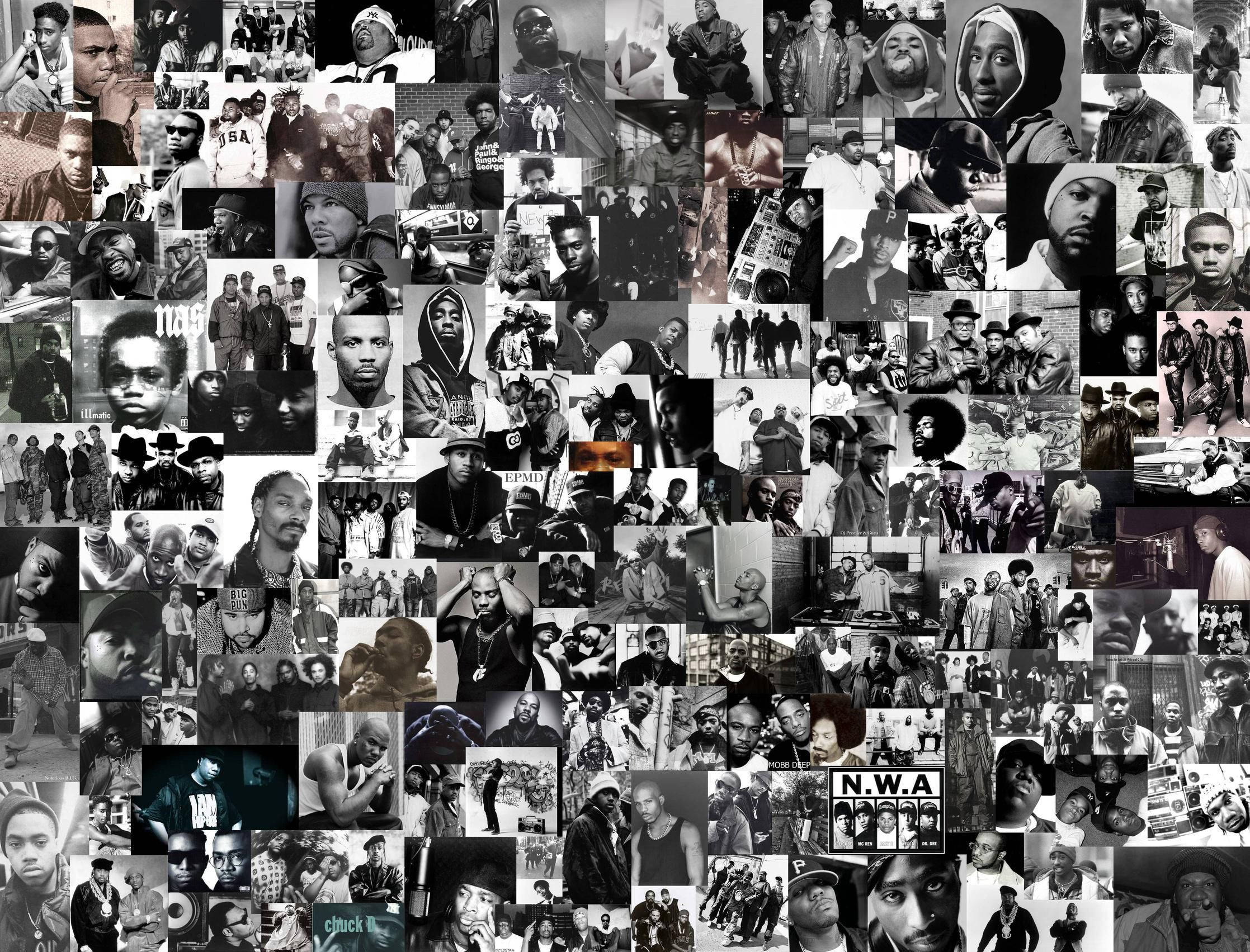 Gangsta 桌布 壁紙 — 一張黑白拼貼，展現1980年代和90年代的嘻哈偶像與街頭文化時刻。
