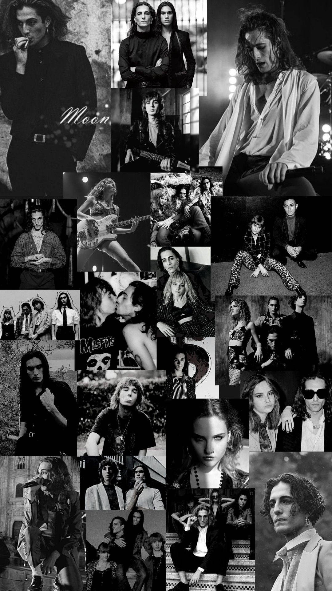 Maneskin 桌布 壁紙 — 一張黑白拼貼，展現搖滾音樂家在戲劇性姿勢和坦率瞬間中的形象，散發出原始能量和藝術反叛。