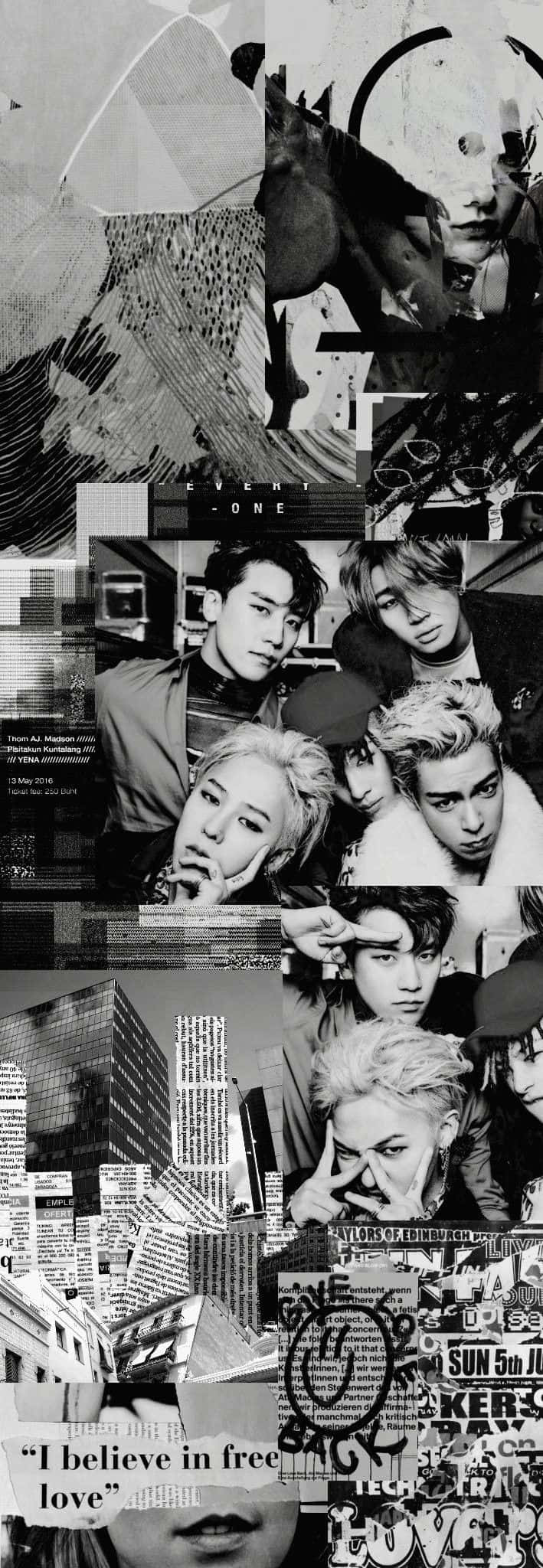 big bang 桌布 壁紙 — 一張黑白拼貼，展示K-pop偶像在帶有塗鴉和城市景觀的都市環境中。