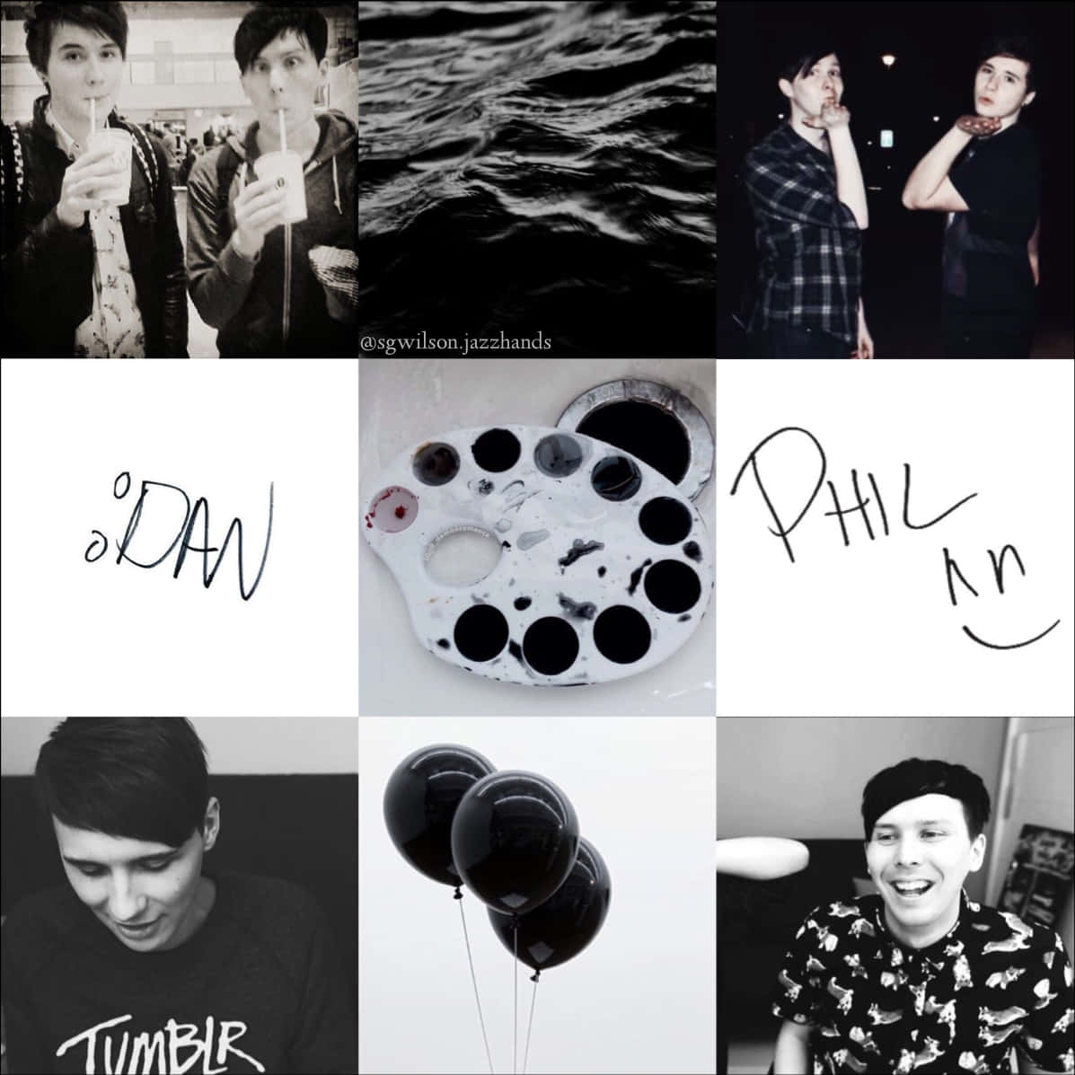 dan and phil 桌布 壁紙 — 一張黑白拼貼，由九張照片組成，內容包括年輕男性、水波紋、顏料調色板和黑色氣球。