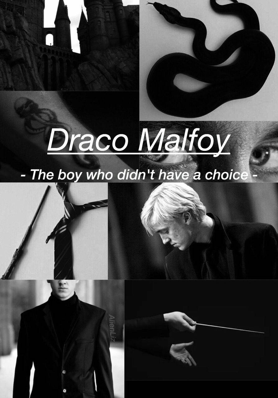 Monochrome 桌布 壁紙 — 一張黑白拼貼畫，包含Draco Malfoy的臉、蛇、魔杖和城堡建築的圖像。