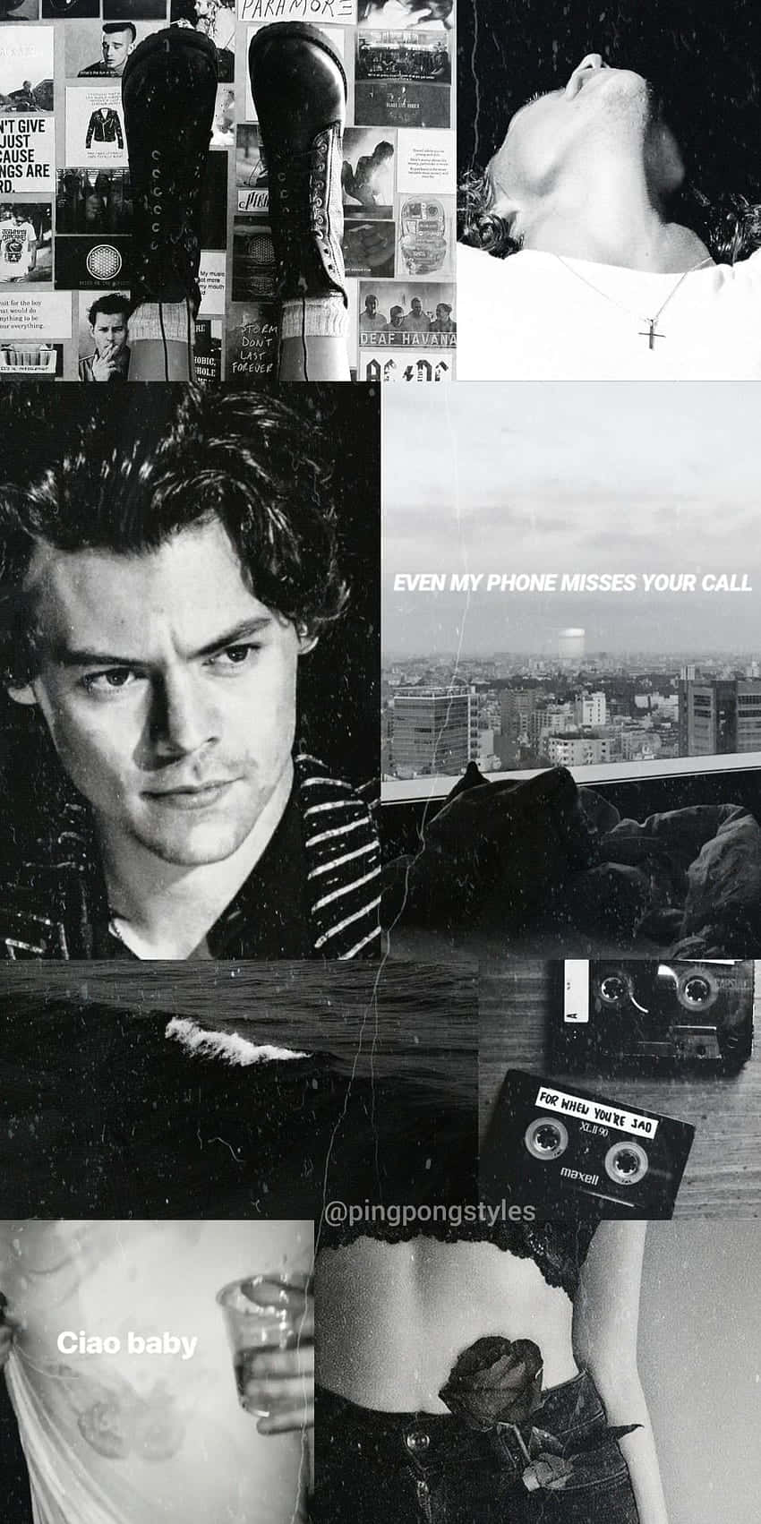 Harry Styles Collage 桌布 壁紙 — 一張黑白拼貼畫，包含哈利·史泰爾斯的照片、城市景觀、卡式錄音帶和文字疊加，呈現懷舊垃圾搖滾美學。