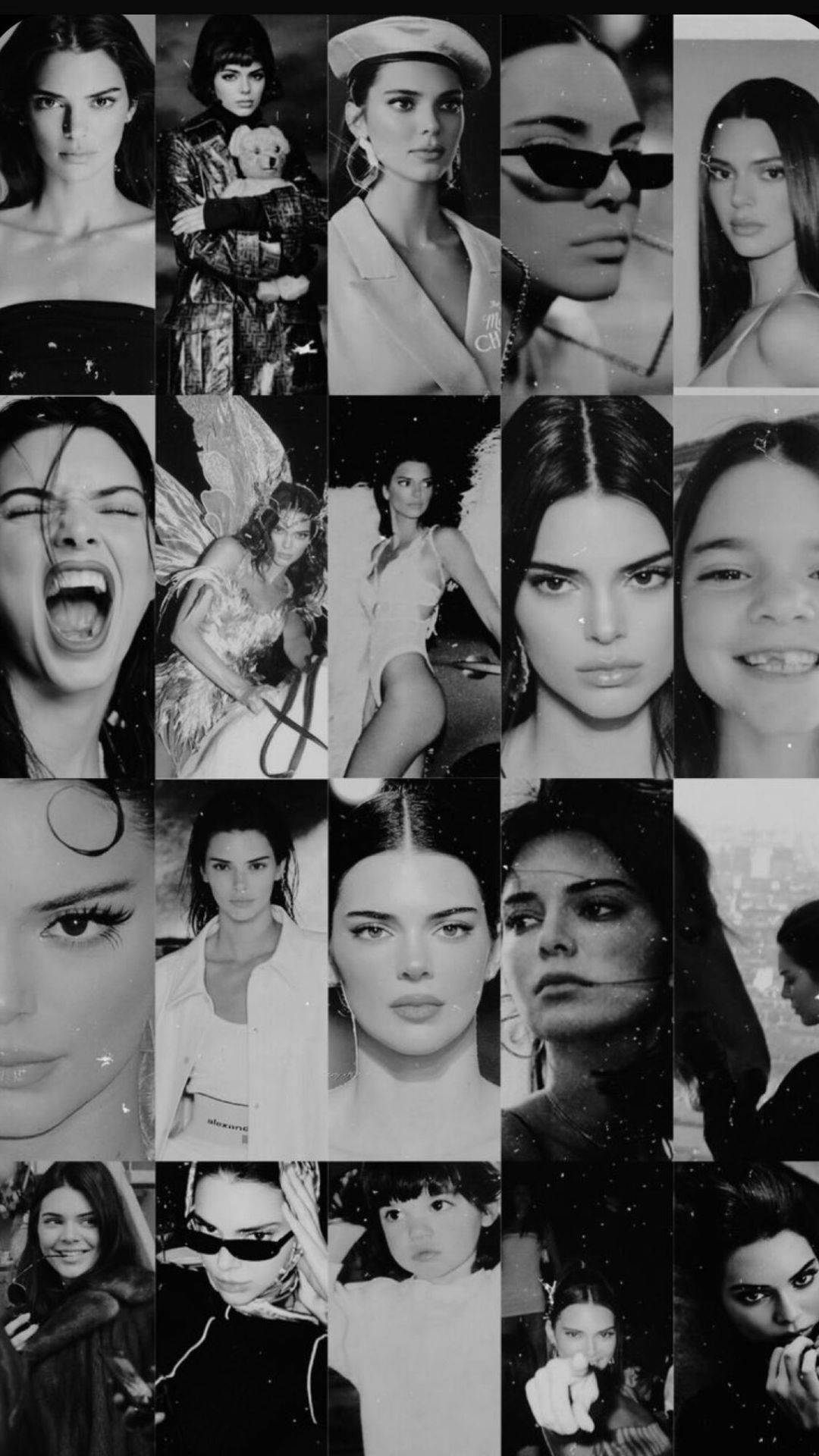 kendall 桌布 壁紙 — 一張黑白拼貼畫，包含多幅Kendall Jenner在不同姿勢和服裝下的肖像。