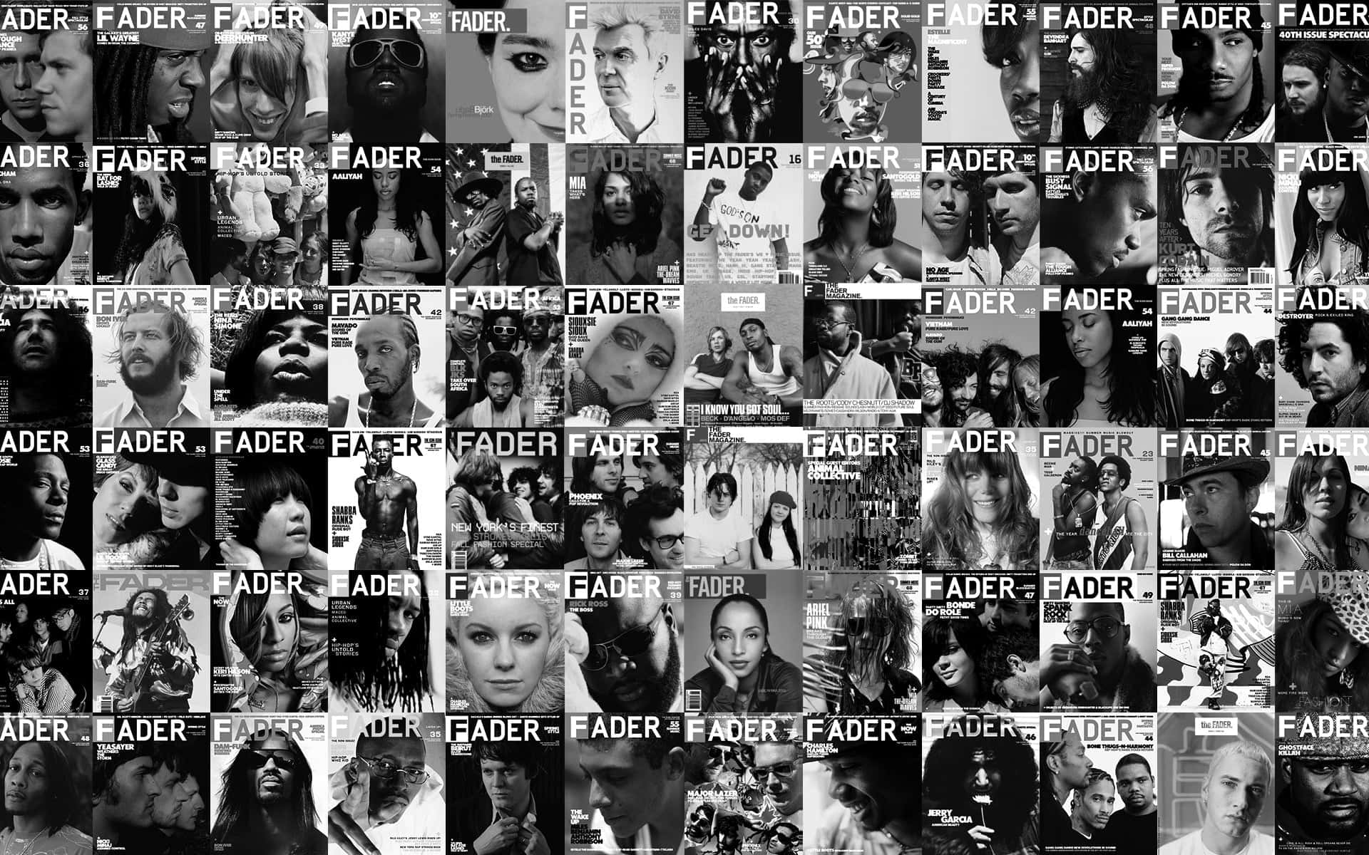 Black And White Collage 桌布 壁紙 — 一張黑白拼貼畫，包含眾多FADER雜誌封面，以大膽的圖形佈局展示多元化的藝術家和音樂人。
