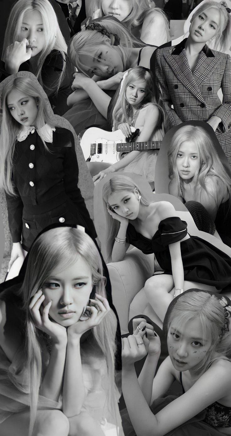 BLACKPINK 桌布 壁紙 — 一張黑白拼貼畫，多位女性穿著時尚服裝，以富有表現力的表情和吉他擺姿勢。
