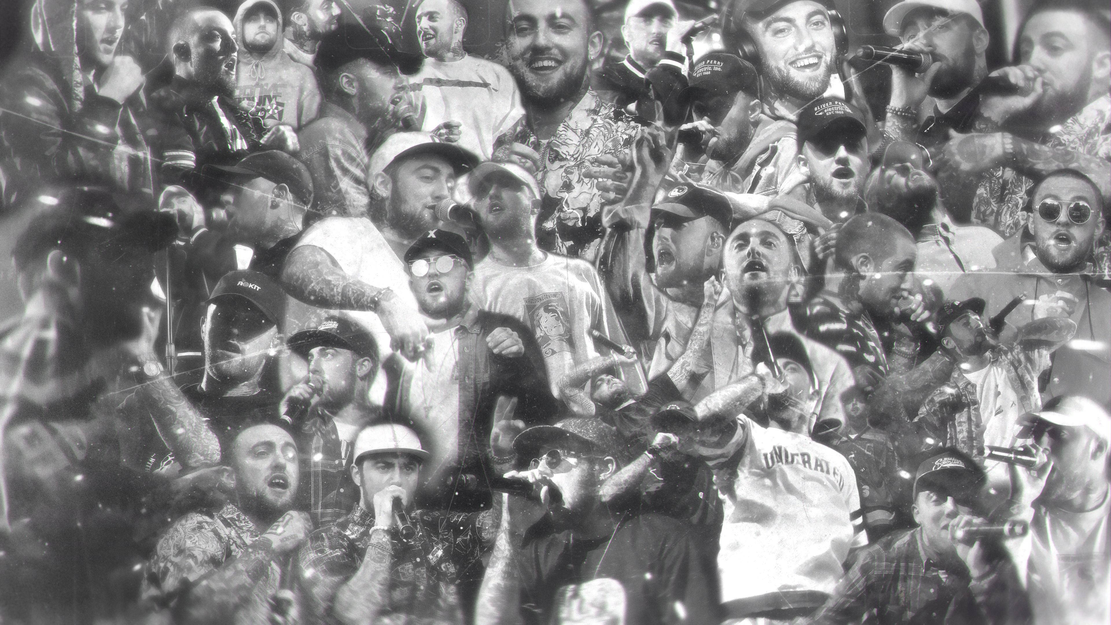 mac miller 4K 桌布 壁紙 — 一張黑白拼貼畫，展現充滿活力的男性饒舌歌手手持麥克風、表情豐富地表演。