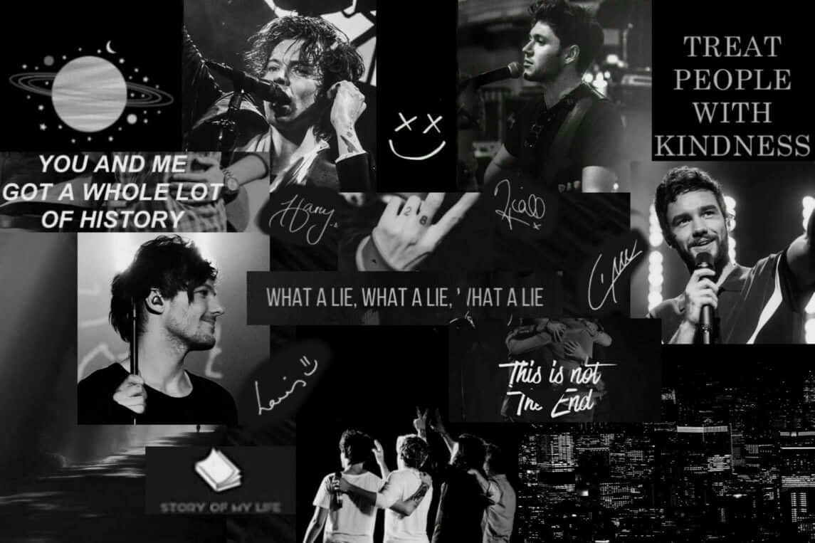 One Direction Laptop 桌布 壁紙 — 一張黑白拼貼畫，展示One Direction樂團成員表演，以及他們的歌曲歌詞引述，疊加在城市景觀和宇宙圖像上。