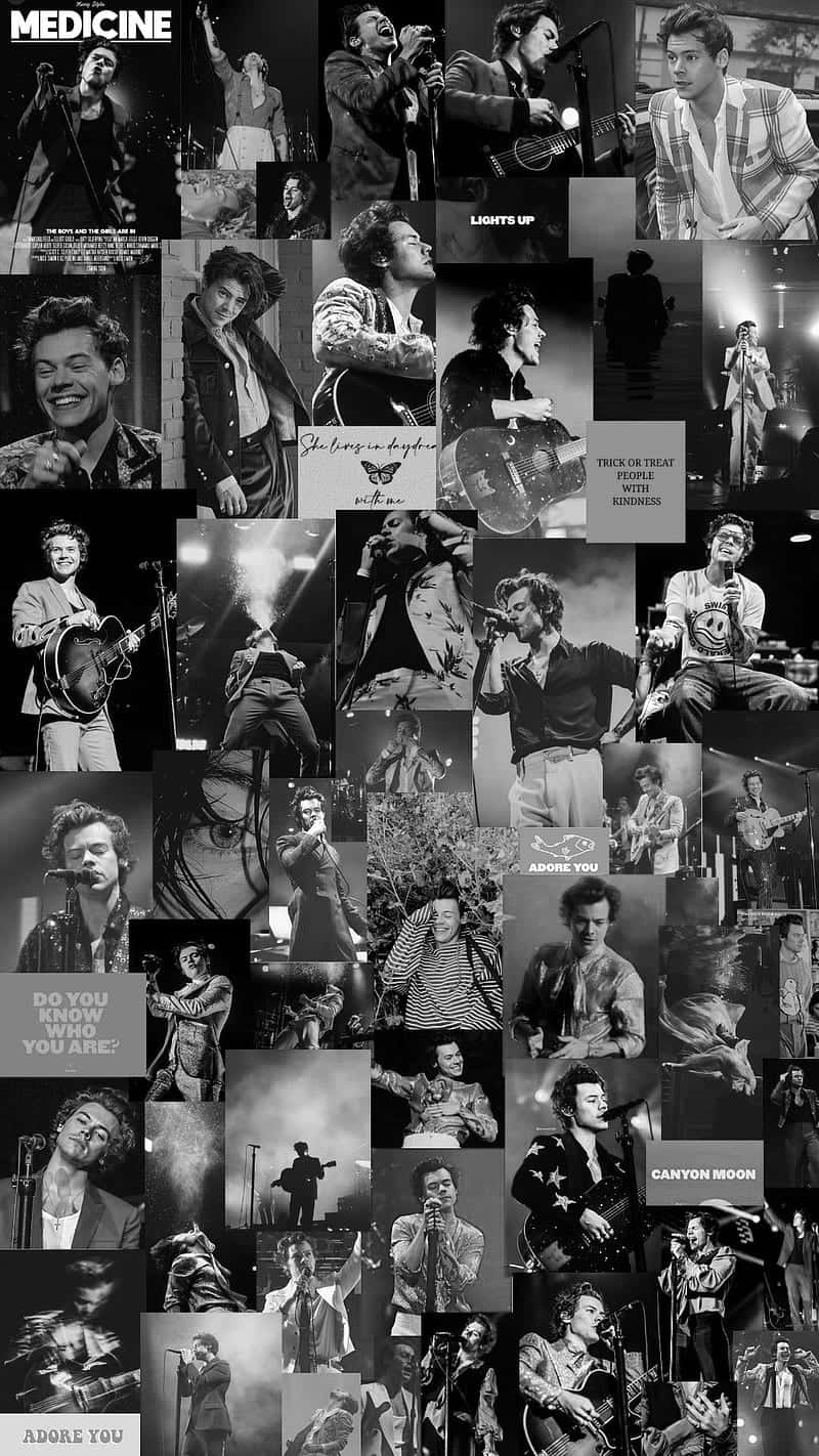 Harry Styles Collage 桌布 壁紙 — 一張黑白拼貼畫，展示哈利·史泰爾斯在各種表演和自然瞬間，帶有文字疊加和舞台燈光。