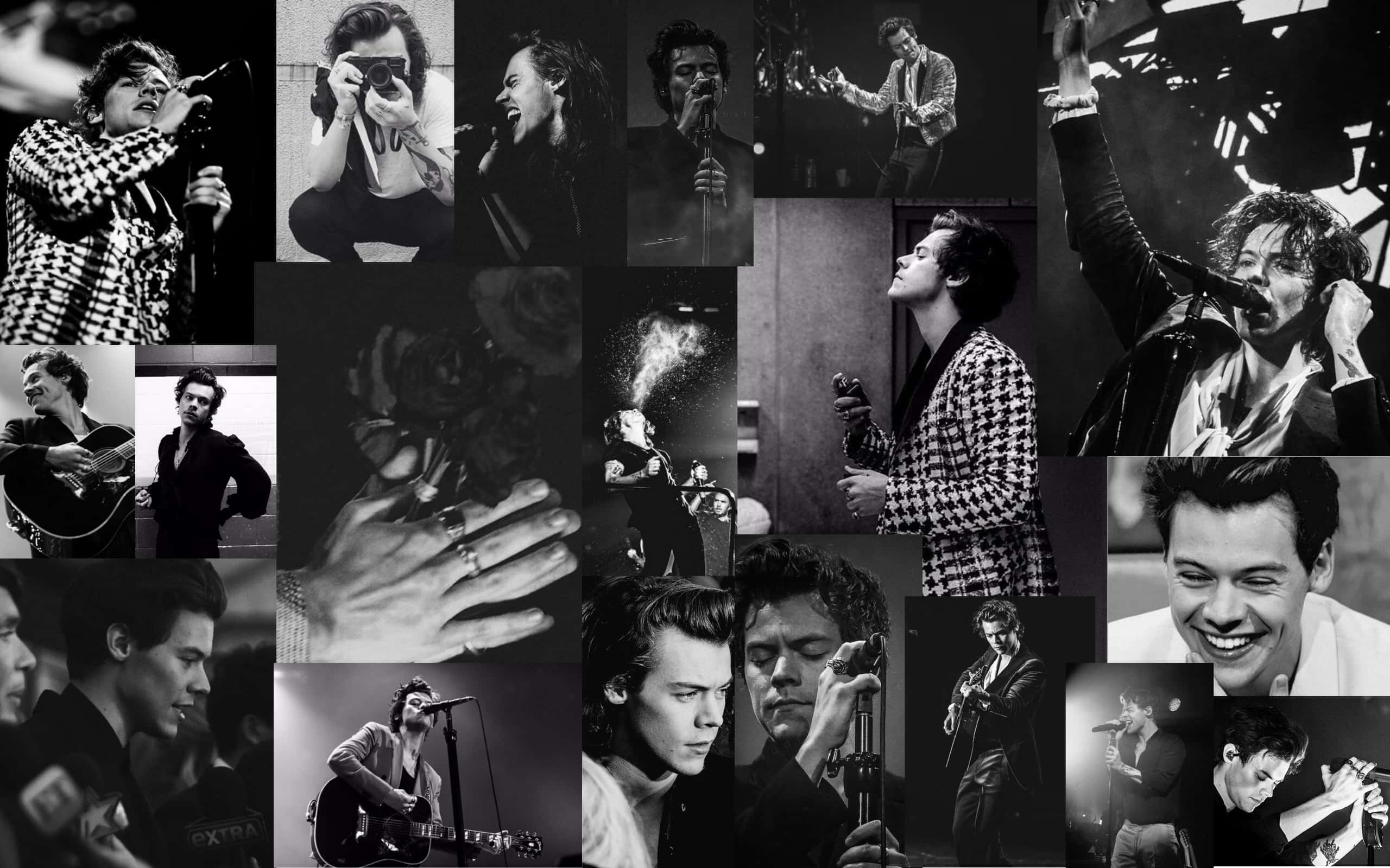 Harry Styles Collage 桌布 壁紙 — 一張黑白拼貼畫，展示哈利·史泰爾斯在各種表演和坦率時刻中的表現，展現他富有表現力的能量和標誌性風格。