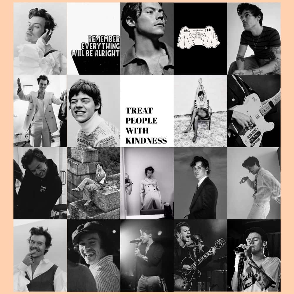 Wall Collage 桌布 壁紙 — 一張黑白拼貼畫，展示哈利·史泰爾斯（Harry Styles）各種姿勢和服裝，並附有勵志文字疊加。