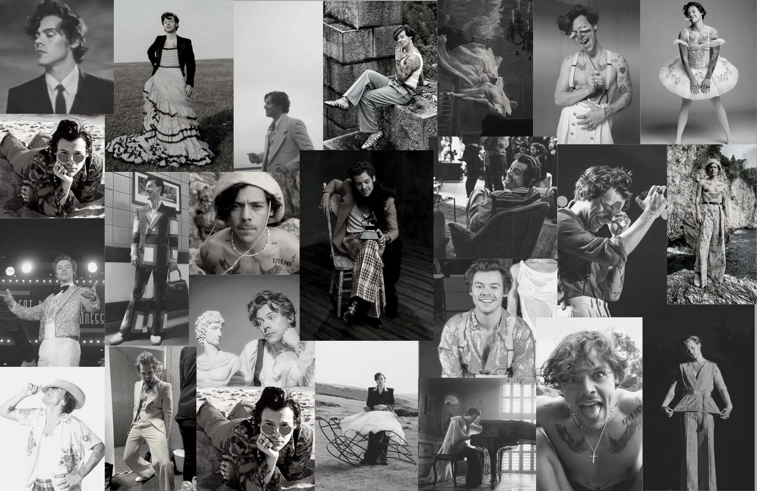Harry Styles Black And White 桌布 壁紙 — 一張黑白拼貼畫，展示哈利·史泰爾斯在不同場景中的多種姿勢和服裝。
