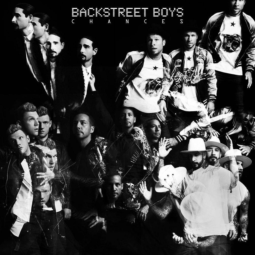 Backstreet 桌布 壁紙 — 一張黑白拼貼畫，展示新好男孩在深色背景前的各種姿勢和服裝。