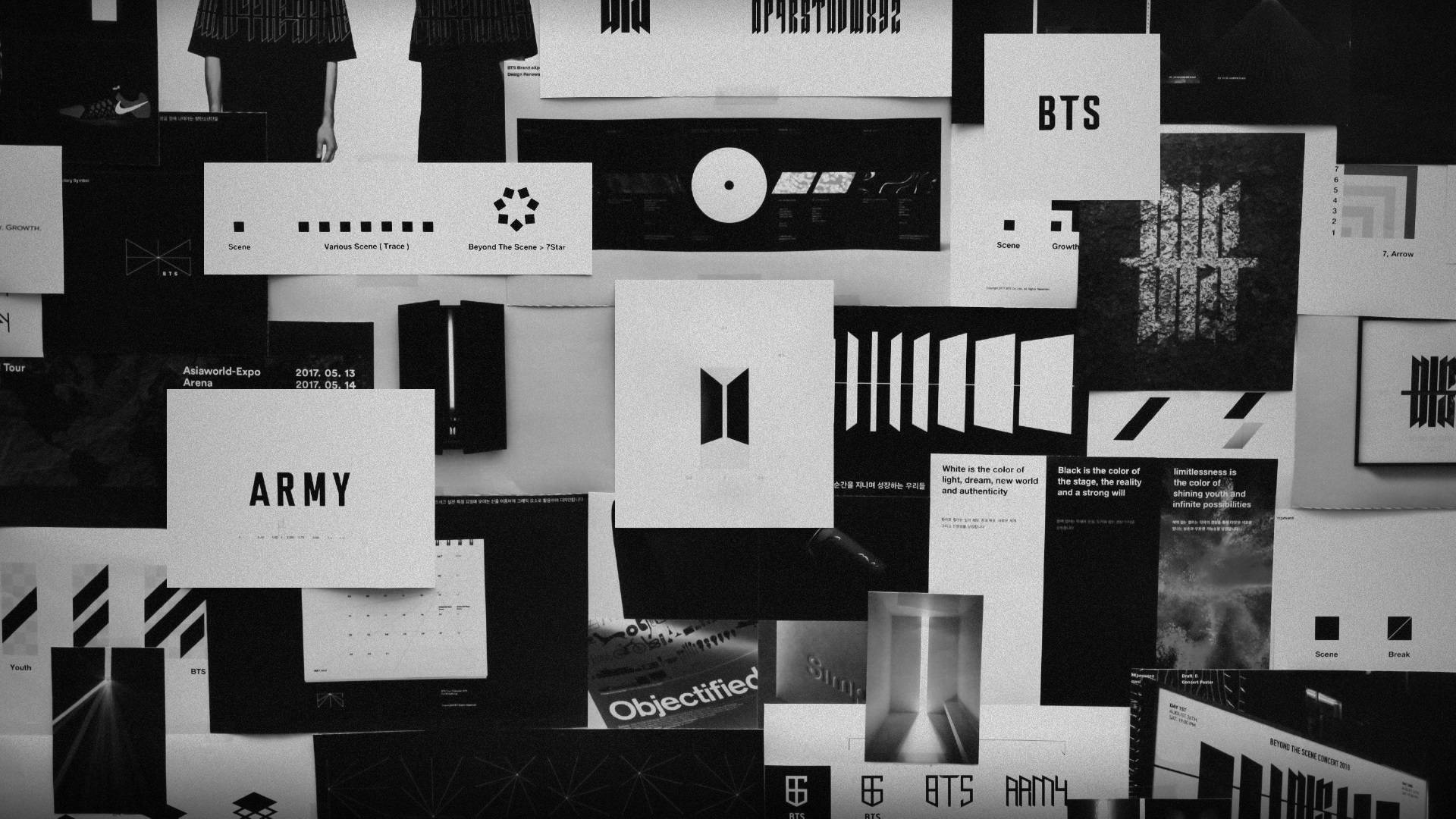 BTS 筆電 桌布 壁紙 — 一張黑白拼貼畫，展示釘在牆上的BTS粉絲商品海報和宣傳材料。
