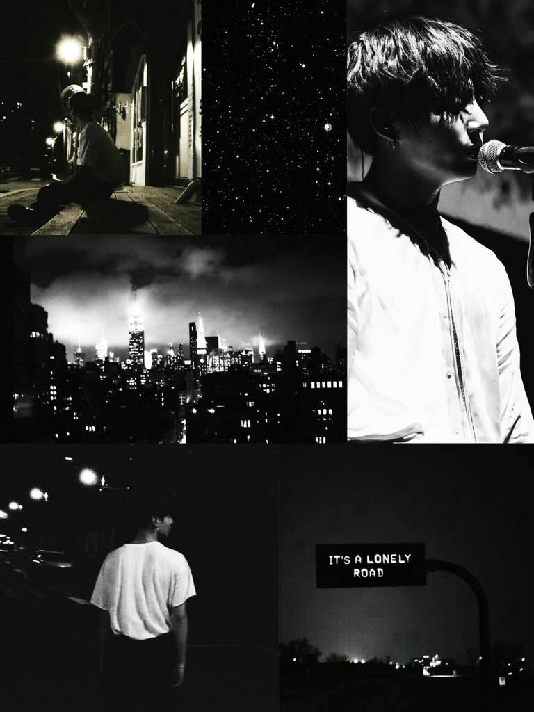 Jungkook Aesthetic 桌布 壁紙 — 一張黑白拼貼畫，描繪夜間城市場景，包括一位歌手、一個孤獨的身影、城市燈光、星星，以及一個寫著「IT'S A LONELY ROAD」的標誌。