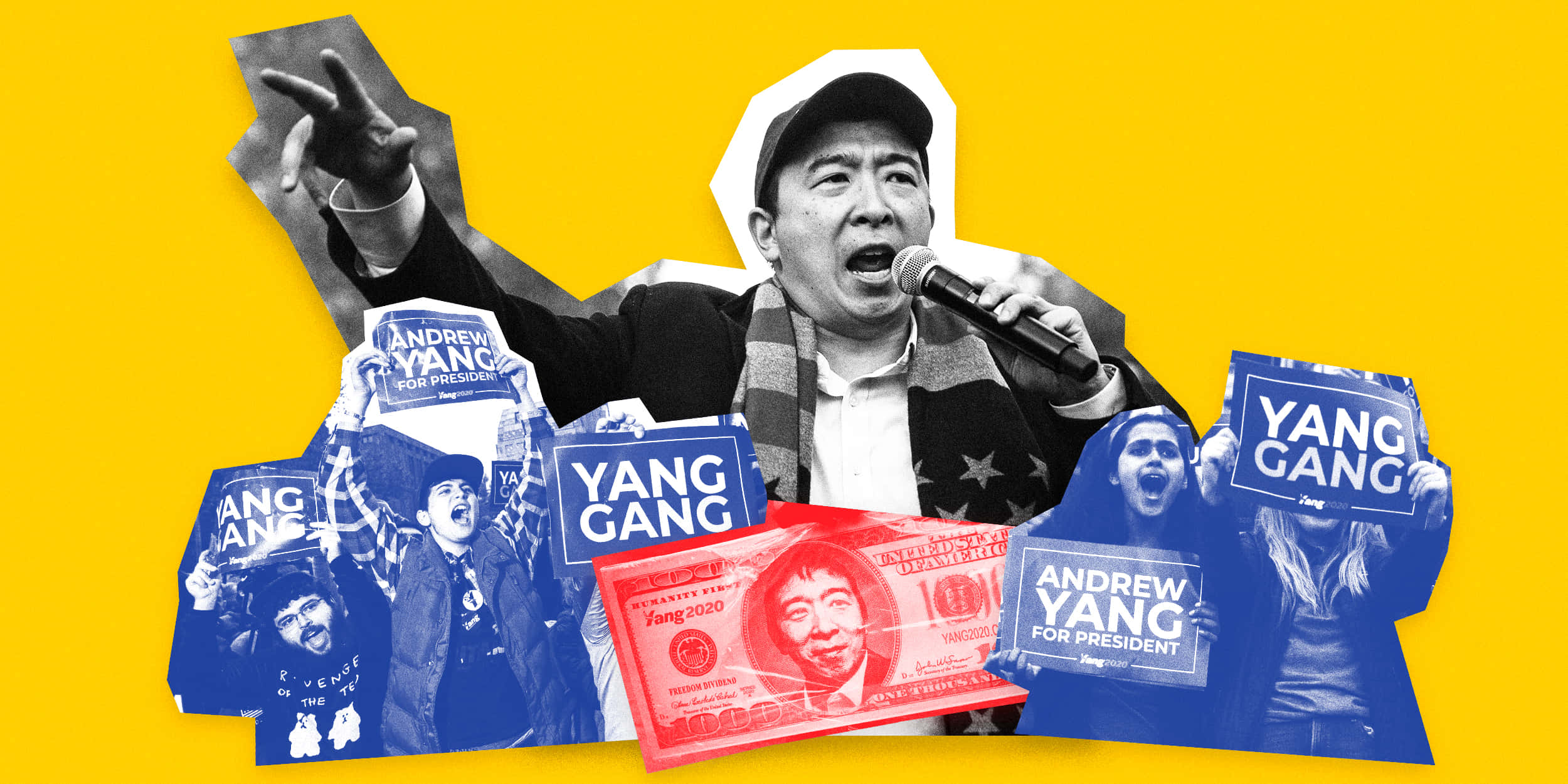 Andrew Yang 桌布 壁紙 — 一張黑白拼貼畫，描繪安德魯·楊對著麥克風講話，周圍是藍色的競選支持者和一張印有他頭像的紅色美元鈔票。